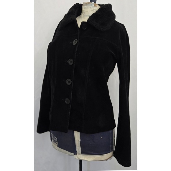 VINTAGE Hot Papaya S Cropped Jacket Faux Fur Collar Black Rayon Suede USA Made - Picture 1 of 12